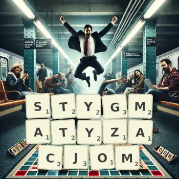 Kreatywna ilustracja do gry w Scrabble ze słowem STYGMATYZACJOM ułożonym z płytek na planszy.