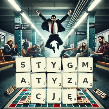 Kreatywna ilustracja do gry w Scrabble ze słowem STYGMATYZACJĘ ułożonym z płytek na planszy.