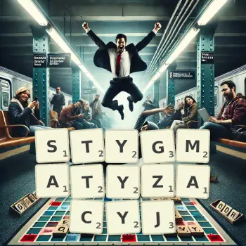 Kreatywna ilustracja do gry w Scrabble ze słowem STYGMATYZACYJ ułożonym z płytek na planszy.