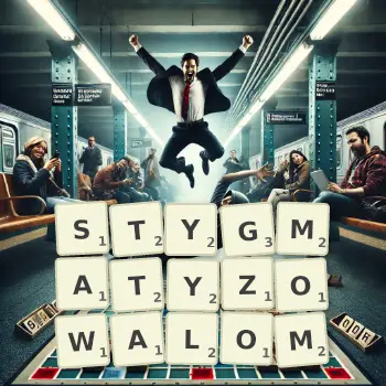 Kreatywna ilustracja do gry w Scrabble ze słowem STYGMATYZOWALOM ułożonym z płytek na planszy.