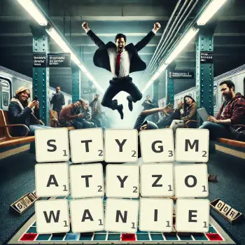 Kreatywna ilustracja do gry w Scrabble ze słowem STYGMATYZOWANIE ułożonym z płytek na planszy.