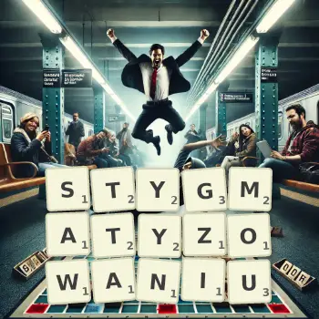 Kreatywna ilustracja do gry w Scrabble ze słowem STYGMATYZOWANIU ułożonym z płytek na planszy.