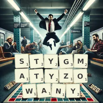Kreatywna ilustracja do gry w Scrabble ze słowem STYGMATYZOWANY ułożonym z płytek na planszy.