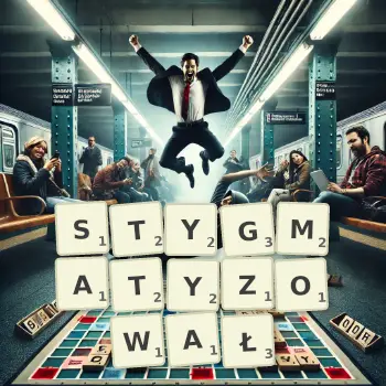 Kreatywna ilustracja do gry w Scrabble ze słowem STYGMATYZOWAŁ ułożonym z płytek na planszy.