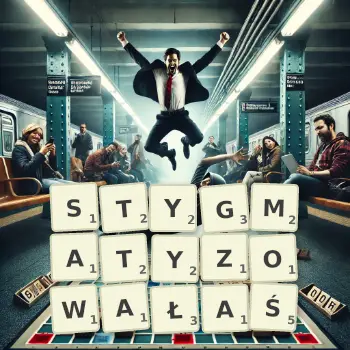 Kreatywna ilustracja do gry w Scrabble ze słowem STYGMATYZOWAŁAŚ ułożonym z płytek na planszy.