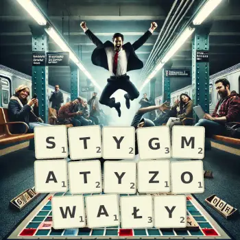 Kreatywna ilustracja do gry w Scrabble ze słowem STYGMATYZOWAŁY ułożonym z płytek na planszy.