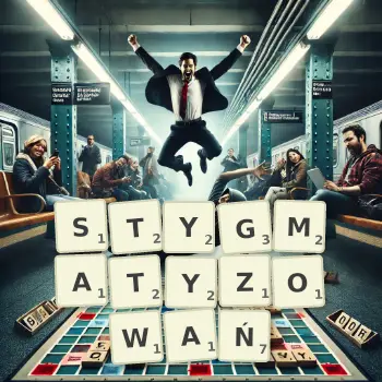 Kreatywna ilustracja do gry w Scrabble ze słowem STYGMATYZOWAŃ ułożonym z płytek na planszy.