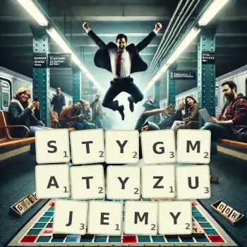 Kreatywna ilustracja do gry w Scrabble ze słowem STYGMATYZUJEMY ułożonym z płytek na planszy.