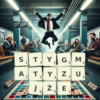 Kreatywna ilustracja do gry w Scrabble ze słowem STYGMATYZUJŻE ułożonym z płytek na planszy.