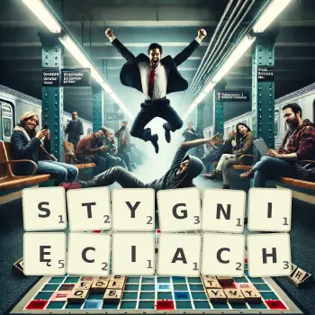 Kreatywna ilustracja do gry w Scrabble ze słowem STYGNIĘCIACH ułożonym z płytek na planszy.