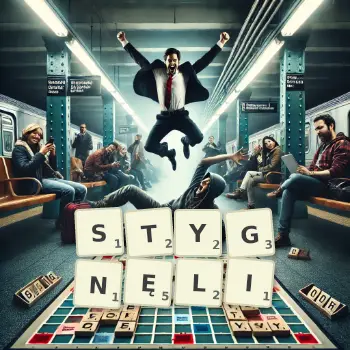 Kreatywna ilustracja do gry w Scrabble ze słowem STYGNĘLI ułożonym z płytek na planszy.