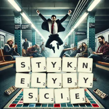 Kreatywna ilustracja do gry w Scrabble ze słowem STYKNELYBYSCIE ułożonym z płytek na planszy.