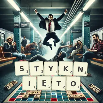 Kreatywna ilustracja do gry w Scrabble ze słowem STYKNIĘTO ułożonym z płytek na planszy.