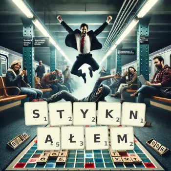 Kreatywna ilustracja do gry w Scrabble ze słowem STYKNĄŁEM ułożonym z płytek na planszy.