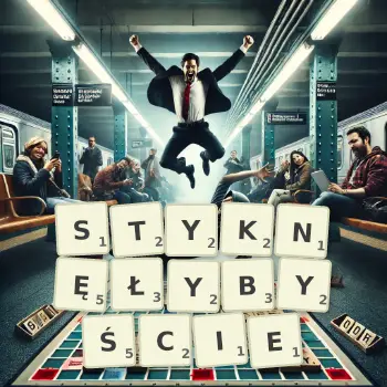 Kreatywna ilustracja do gry w Scrabble ze słowem STYKNĘŁYBYŚCIE ułożonym z płytek na planszy.