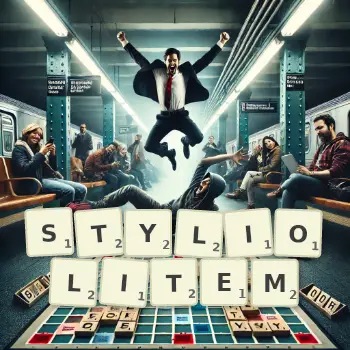 Kreatywna ilustracja do gry w Scrabble ze słowem STYLIOLITEM ułożonym z płytek na planszy.
