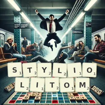 Kreatywna ilustracja do gry w Scrabble ze słowem STYLIOLITOM ułożonym z płytek na planszy.