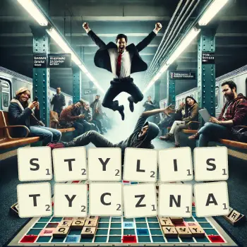 Kreatywna ilustracja do gry w Scrabble ze słowem STYLISTYCZNA ułożonym z płytek na planszy.