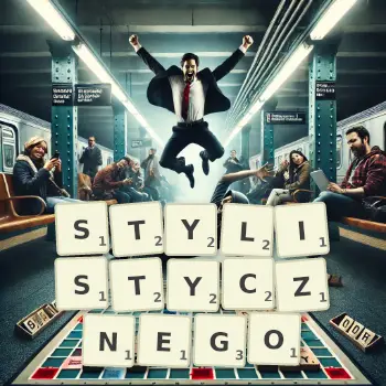 Kreatywna ilustracja do gry w Scrabble ze słowem STYLISTYCZNEGO ułożonym z płytek na planszy.