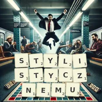 Kreatywna ilustracja do gry w Scrabble ze słowem STYLISTYCZNEMU ułożonym z płytek na planszy.