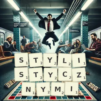 Kreatywna ilustracja do gry w Scrabble ze słowem STYLISTYCZNYMI ułożonym z płytek na planszy.