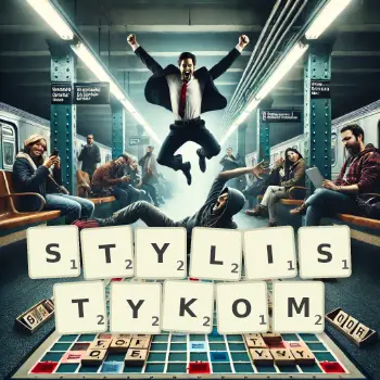Kreatywna ilustracja do gry w Scrabble ze słowem STYLISTYKOM ułożonym z płytek na planszy.
