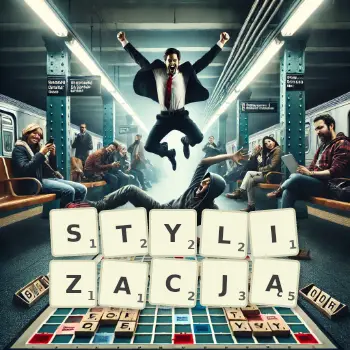 Kreatywna ilustracja do gry w Scrabble ze słowem STYLIZACJĄ ułożonym z płytek na planszy.