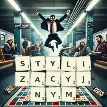 Kreatywna ilustracja do gry w Scrabble ze słowem STYLIZACYJNYM ułożonym z płytek na planszy.
