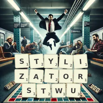 Kreatywna ilustracja do gry w Scrabble ze słowem STYLIZATORSTWU ułożonym z płytek na planszy.