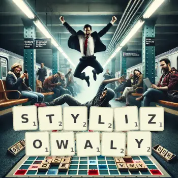 Kreatywna ilustracja do gry w Scrabble ze słowem STYLIZOWALY ułożonym z płytek na planszy.