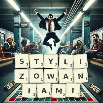 Kreatywna ilustracja do gry w Scrabble ze słowem STYLIZOWANIAMI ułożonym z płytek na planszy.