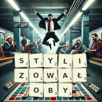 Kreatywna ilustracja do gry w Scrabble ze słowem STYLIZOWAŁOBY ułożonym z płytek na planszy.