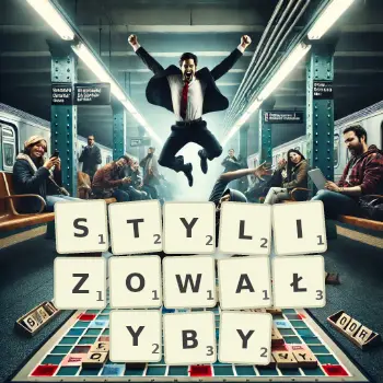 Kreatywna ilustracja do gry w Scrabble ze słowem STYLIZOWAŁYBY ułożonym z płytek na planszy.