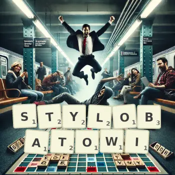 Kreatywna ilustracja do gry w Scrabble ze słowem STYLOBATOWI ułożonym z płytek na planszy.