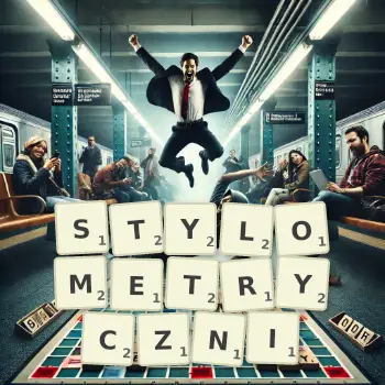 Kreatywna ilustracja do gry w Scrabble ze słowem STYLOMETRYCZNI ułożonym z płytek na planszy.