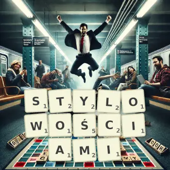 Kreatywna ilustracja do gry w Scrabble ze słowem STYLOWOŚCIAMI ułożonym z płytek na planszy.