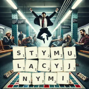 Kreatywna ilustracja do gry w Scrabble ze słowem STYMULACYJNYMI ułożonym z płytek na planszy.