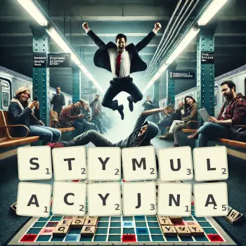 Kreatywna ilustracja do gry w Scrabble ze słowem STYMULACYJNĄ ułożonym z płytek na planszy.