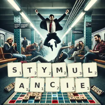 Kreatywna ilustracja do gry w Scrabble ze słowem STYMULANCIE ułożonym z płytek na planszy.