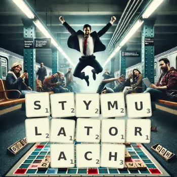 Kreatywna ilustracja do gry w Scrabble ze słowem STYMULATORACH ułożonym z płytek na planszy.