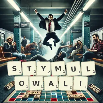 Kreatywna ilustracja do gry w Scrabble ze słowem STYMULOWALI ułożonym z płytek na planszy.