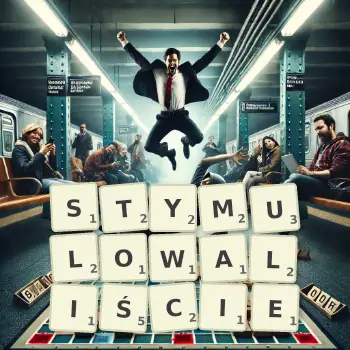 Kreatywna ilustracja do gry w Scrabble ze słowem STYMULOWALIŚCIE ułożonym z płytek na planszy.