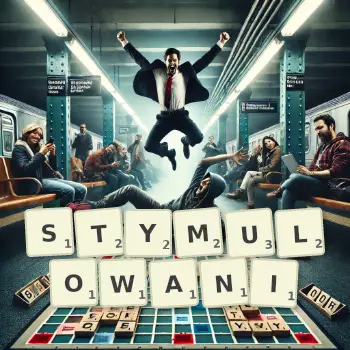 Kreatywna ilustracja do gry w Scrabble ze słowem STYMULOWANI ułożonym z płytek na planszy.