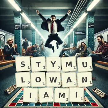 Kreatywna ilustracja do gry w Scrabble ze słowem STYMULOWANIAMI ułożonym z płytek na planszy.