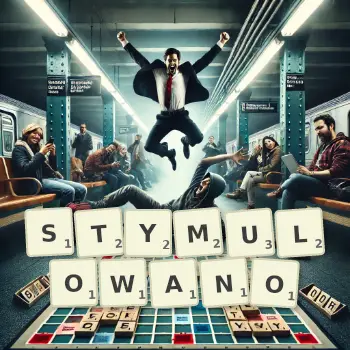 Kreatywna ilustracja do gry w Scrabble ze słowem STYMULOWANO ułożonym z płytek na planszy.