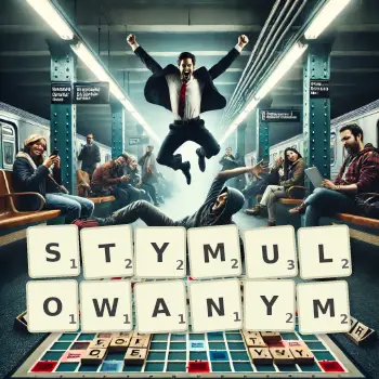 Kreatywna ilustracja do gry w Scrabble ze słowem STYMULOWANYM ułożonym z płytek na planszy.