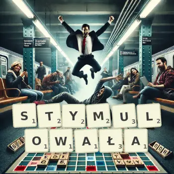 Kreatywna ilustracja do gry w Scrabble ze słowem STYMULOWAŁA ułożonym z płytek na planszy.