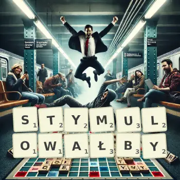Kreatywna ilustracja do gry w Scrabble ze słowem STYMULOWAŁBY ułożonym z płytek na planszy.