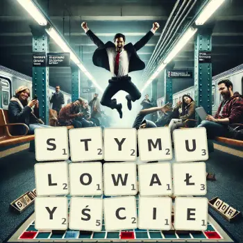 Kreatywna ilustracja do gry w Scrabble ze słowem STYMULOWAŁYŚCIE ułożonym z płytek na planszy.