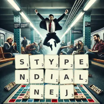 Kreatywna ilustracja do gry w Scrabble ze słowem STYPENDIALNEJ ułożonym z płytek na planszy.